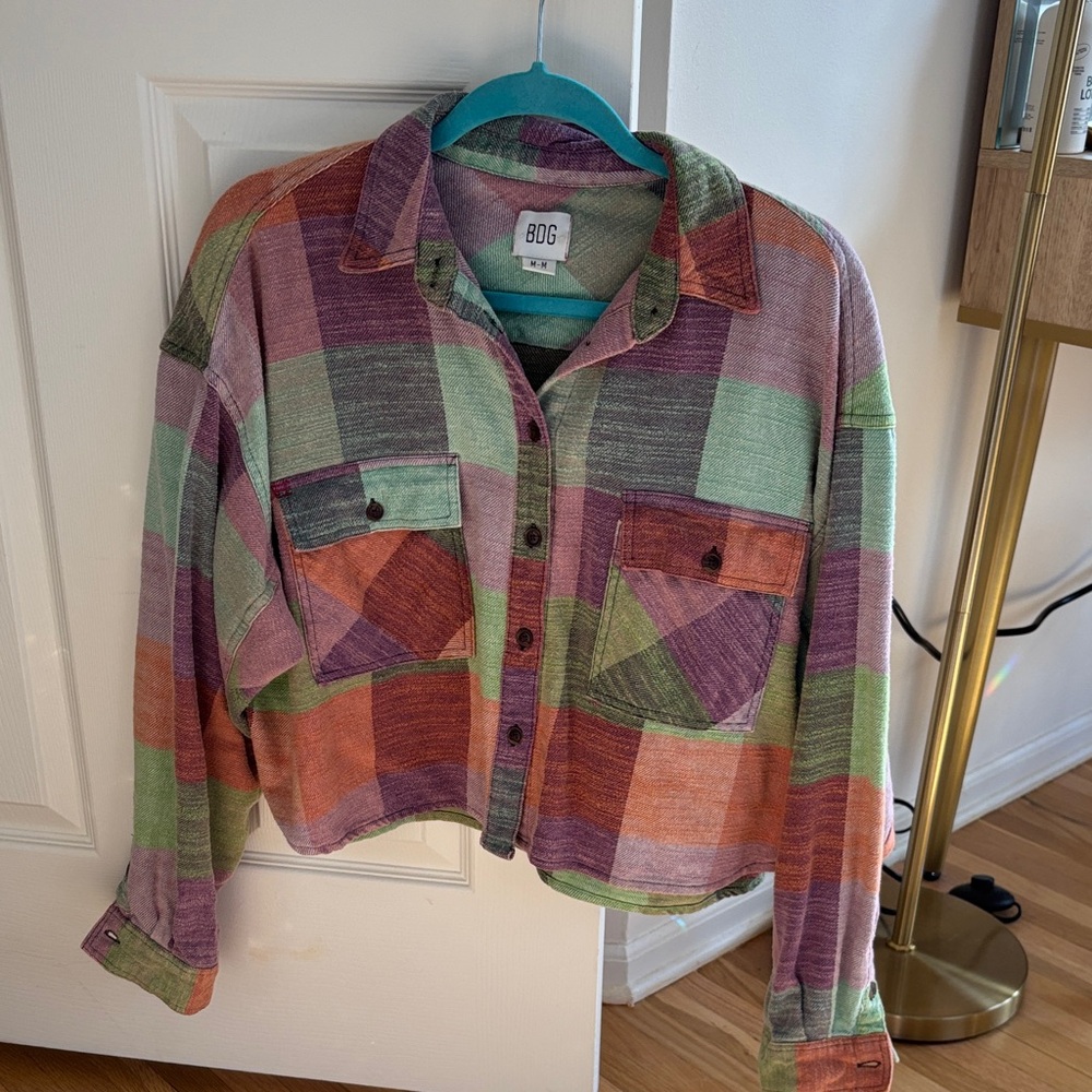 BDG Pastel Plaid Cropped Flannel Shirt